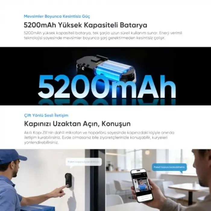 Akıllı Kapı Zili; 4MP Kamera, Pır Sensör ve Gece Görüşü | 4MP 2K Görüntü, Pır Hareket Algılama ve Gece Görüşü