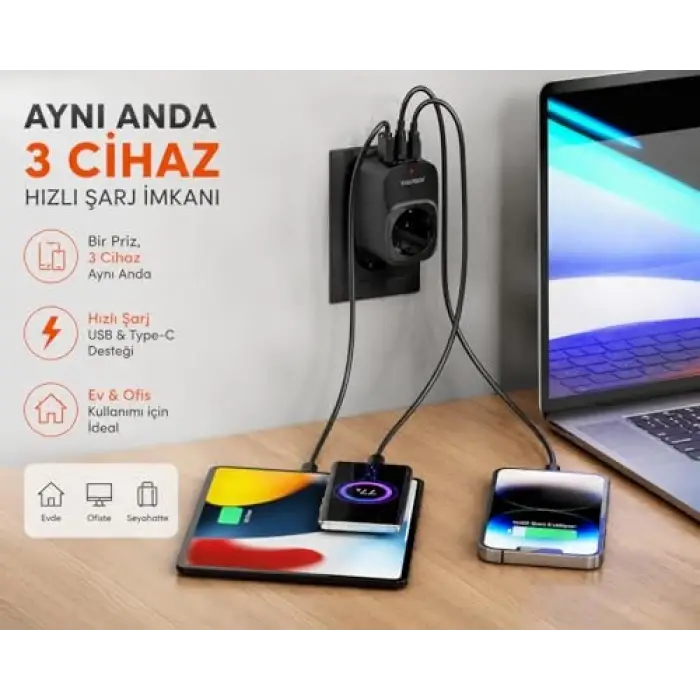 Akım Korumalı Tekli Duvar Tipi Priz, USB ve Type-C, 16A 3680W, Siyah
