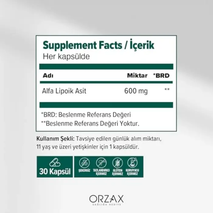Alfa lipoik asit, 600 mg, 30 bitkisel kapsül