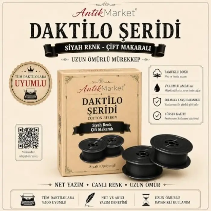Antik Market Daktilo Şeridi Siyah Çift Makaralı