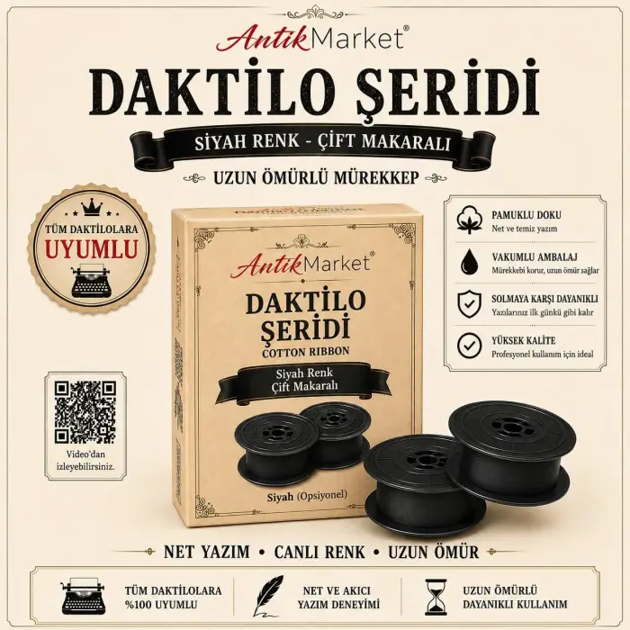 Antik Market Daktilo Şeridi Siyah Çift Makaralı