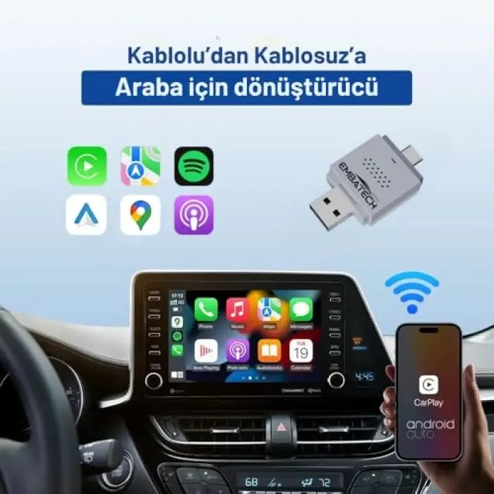 Araç İçi Kablosuz Android Auto ve CarPlay Adaptörü (Emt-004)