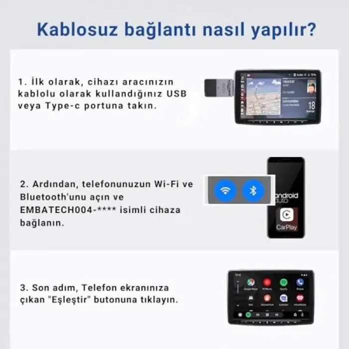 Araç İçi Kablosuz Android Auto ve CarPlay Adaptörü (Emt-004)