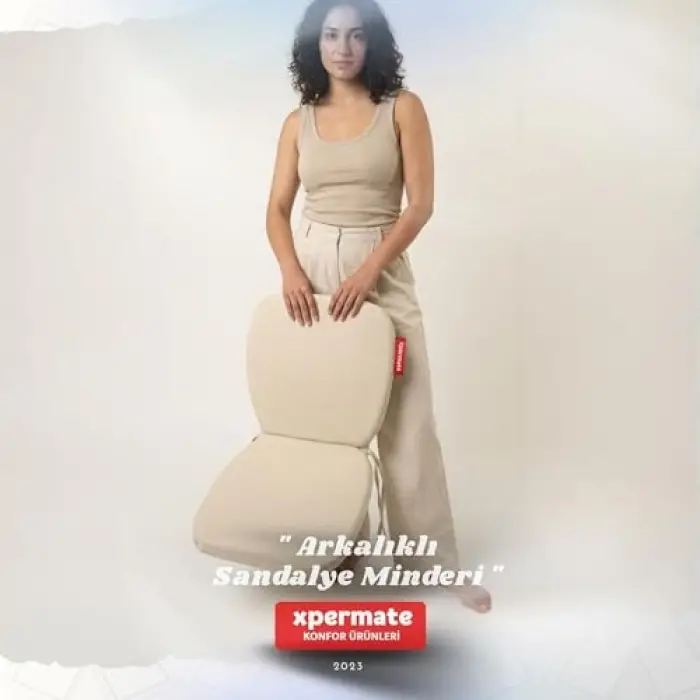 Arkalıklı Sandalye Minderi Oval Bağcıklı Mutfak Bahçe Balkon Minderi (Bej)