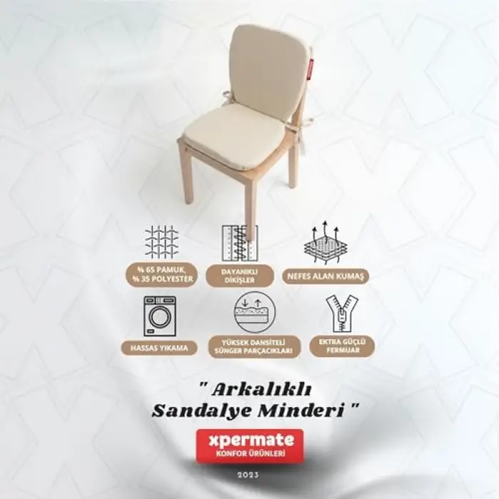 Arkalıklı Sandalye Minderi Oval Bağcıklı Mutfak Bahçe Balkon Minderi (Bej)