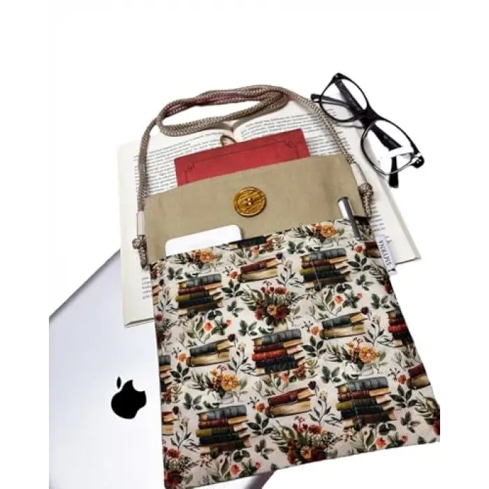 Askılı kitap, tablet ve e-kitap çantası, çıkarılabilir askı, kitaplar ve çiçekler