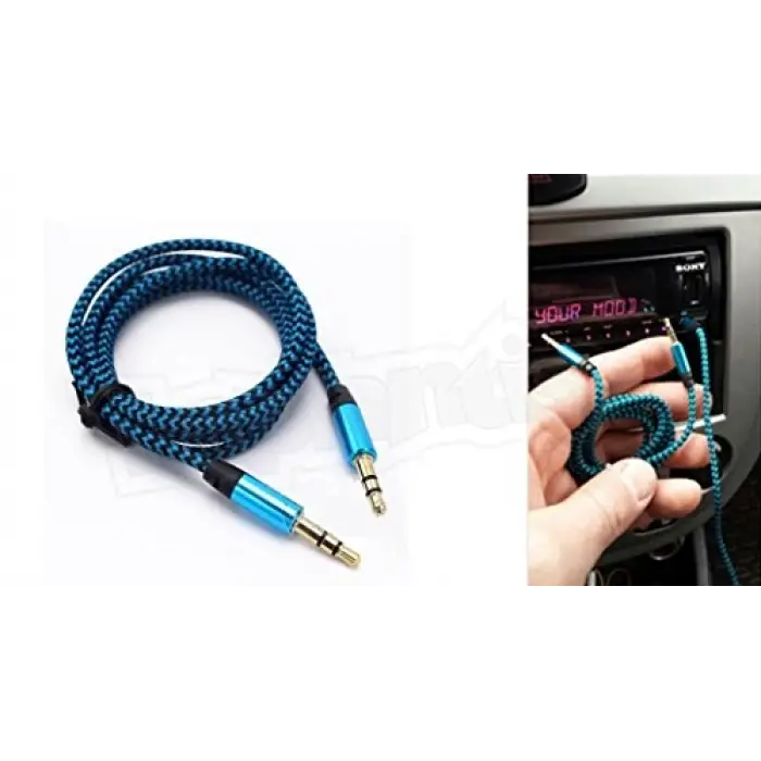 AUX Stereo 3.5 mm Data Ses Örgü Kablo Mavi