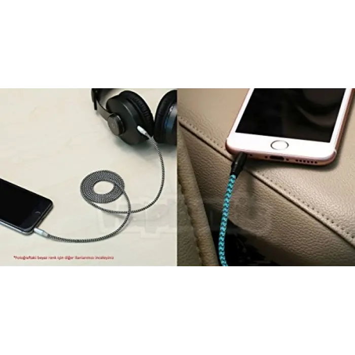 AUX Stereo 3.5 mm Data Ses Örgü Kablo Mavi