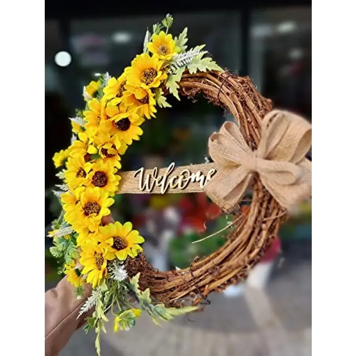 Ayçiçeği Temalı Kapı Süsü 40 cm, Kapı Çelenk, Çelenk, Kapı Süsü, Kapı Dekorasyon, Ev Dekorasyon (Rattan, 40 x 40 cm)