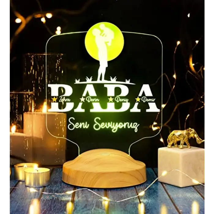 Babalar Günü Hediyesi, Baba Çocuk Figürlü İsim Yazılı LED Lamba