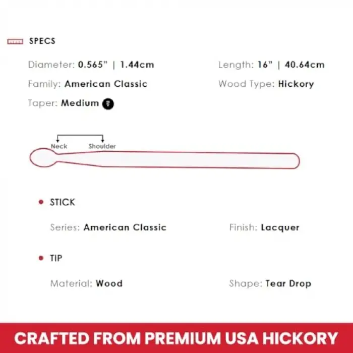 Baget (Çift) 5A Wood, Hickory, 0.565X16, Medium