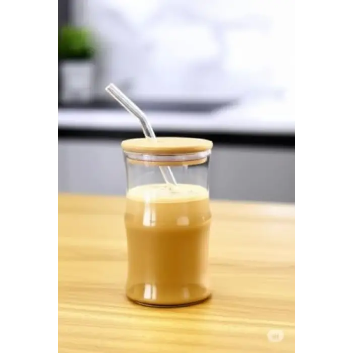 Bambu Kapaklı Cam Pipetli 330 ml Borosilikat Bardak