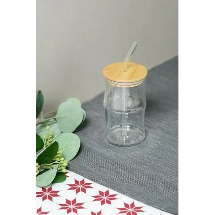 Bambu Kapaklı Cam Pipetli 330 ml Borosilikat Bardak