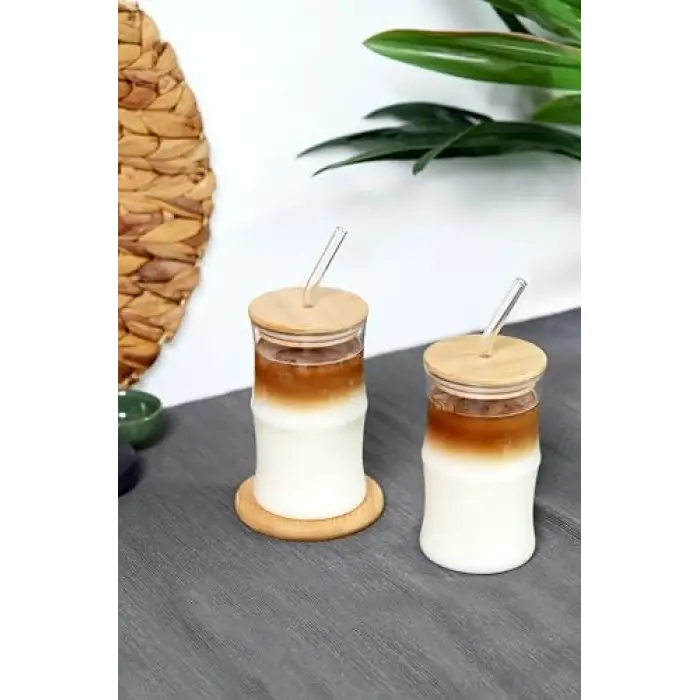 Bambu Kapaklı Cam Pipetli 330 ml Borosilikat Bardak