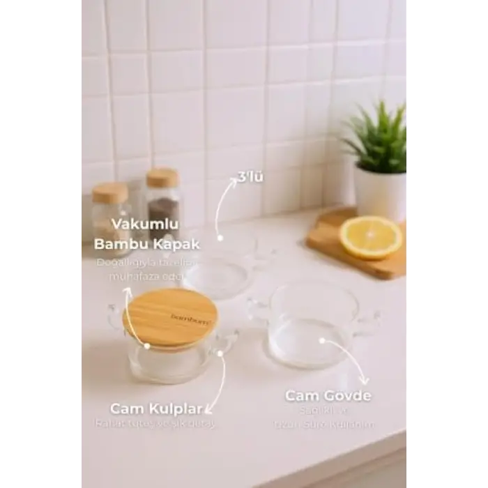 Bambu Kapaklı Cam Saklama Kabı Seti, 3lü