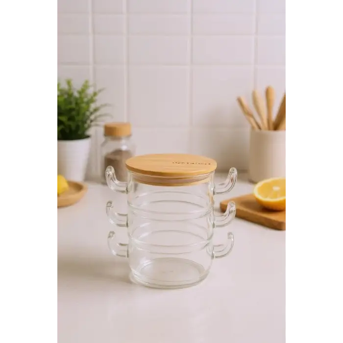 Bambu Kapaklı Cam Saklama Kabı Seti, 3lü