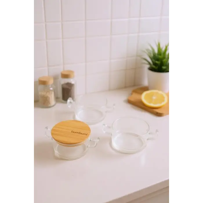 Bambu Kapaklı Cam Saklama Kabı Seti, 3lü