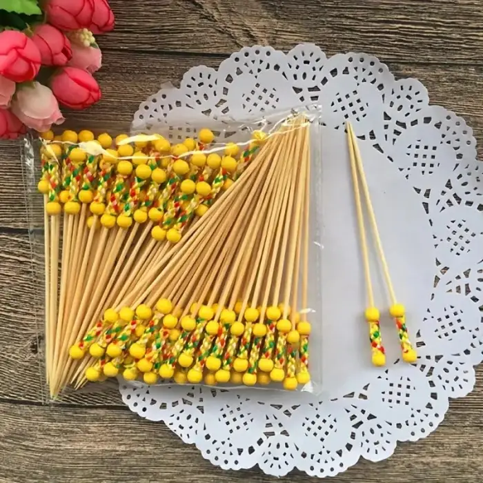 Bambu Kırmızı Örgülü Kürdan 12Cm (100lü), Sunum Kürdanı (Sarı)