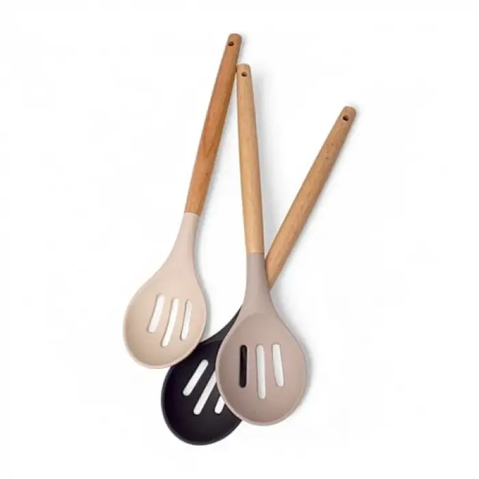 Bambu Saplı Silikon Delikli Servis Kaşığı, 27 cm, 3 Renk Seçenekli, Siyah