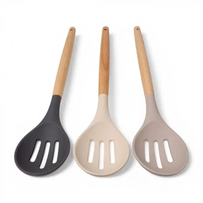 Bambu Saplı Silikon Delikli Servis Kaşığı, 27 cm, 3 Renk Seçenekli, Siyah