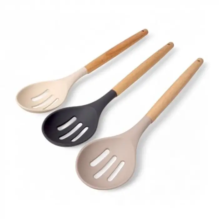 Bambu Saplı Silikon Delikli Servis Kaşığı, 27 cm, 3 Renk Seçenekli, Siyah