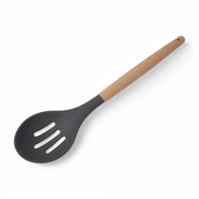 Bambu Saplı Silikon Delikli Servis Kaşığı, 27 cm, 3 Renk Seçenekli, Siyah