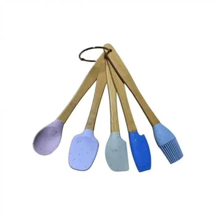 Bambu Saplı Silikon Kaşık Seti, Mavi ve Mor, 5 Parça, Spatula ve Fırça Dahil