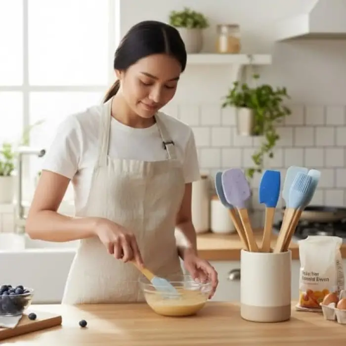Bambu Saplı Silikon Kaşık Seti, Mavi ve Mor, 5 Parça, Spatula ve Fırça Dahil