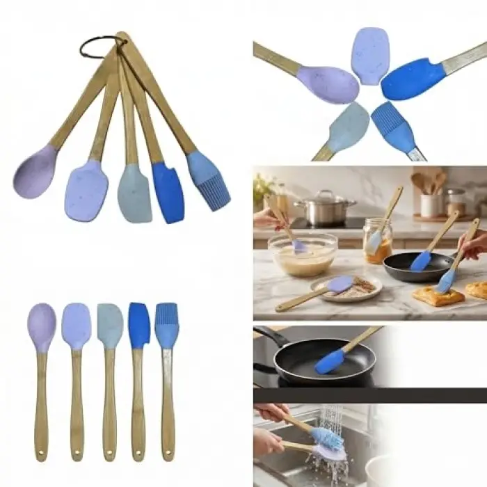Bambu Saplı Silikon Kaşık Seti, Mavi ve Mor, 5 Parça, Spatula ve Fırça Dahil