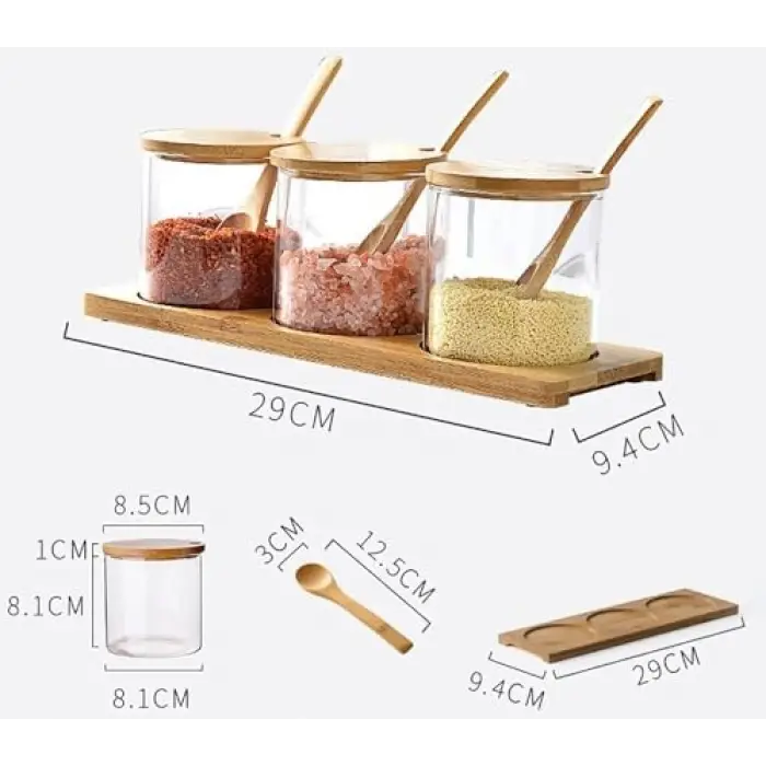 Bambu Standlı Kaşıklı 3 Parça, 3lü Cam Baharatlık Seti