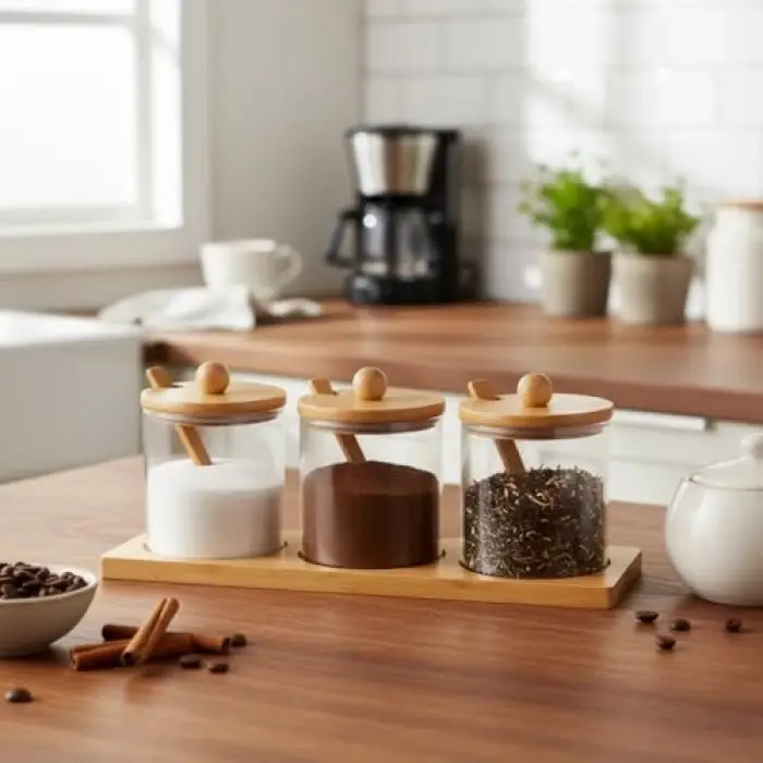Bambu Standlı Kaşıklı 3 Parça, 3lü Cam Baharatlık Seti