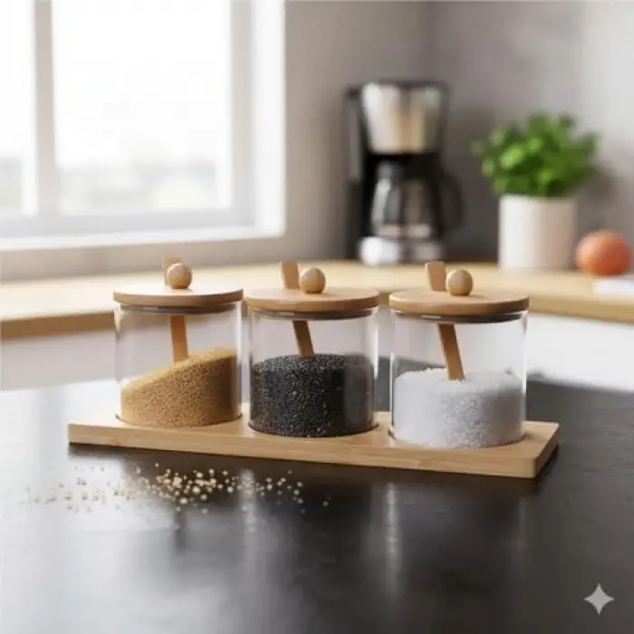Bambu Standlı Kaşıklı 3 Parça, 3lü Cam Baharatlık Seti