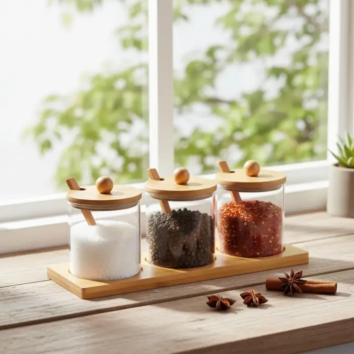 Bambu Standlı Kaşıklı 3 Parça, 3lü Cam Baharatlık Seti