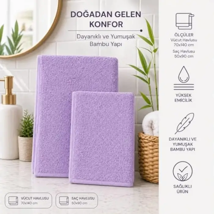 Bambu Takım, Saç ve Vücut Havlusu (Açık Mor)