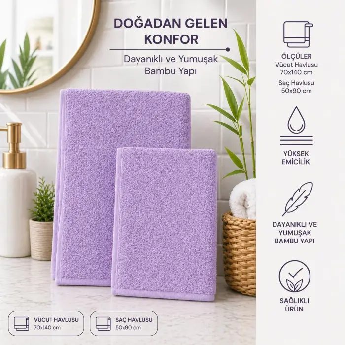 Bambu Takım, Saç ve Vücut Havlusu (Açık Mor)