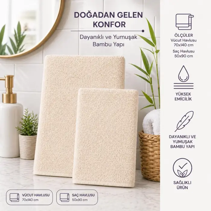 Bambu Takım, Saç ve Vücut Havlusu (Krem)