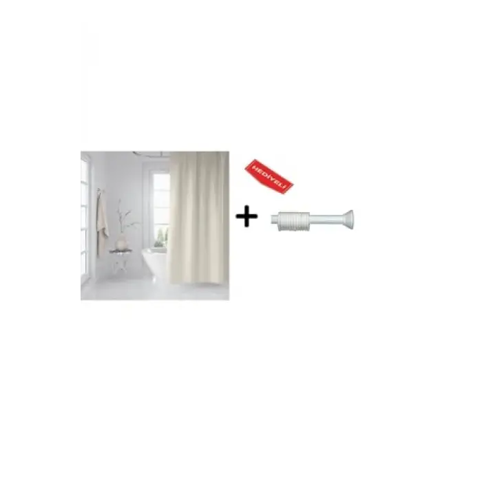 Banyo Duş Perdesi Krem 120x200 Perde Borusu Askı Aparatı 90x130 Hediyeli