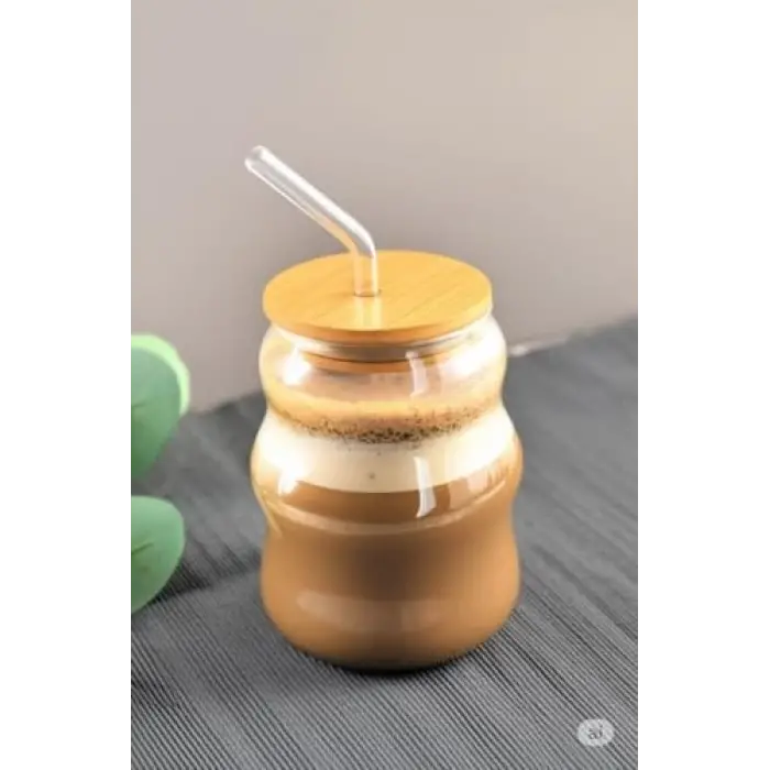 Bardak, Bambu Kapaklı Cam Pipetli 450 ml Borosilikat