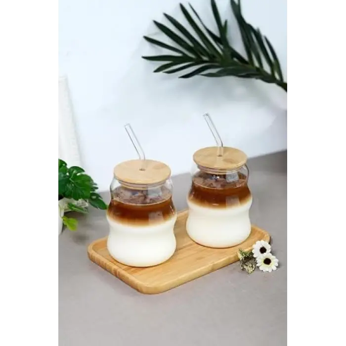 Bardak, Bambu Kapaklı Cam Pipetli 450 ml Borosilikat