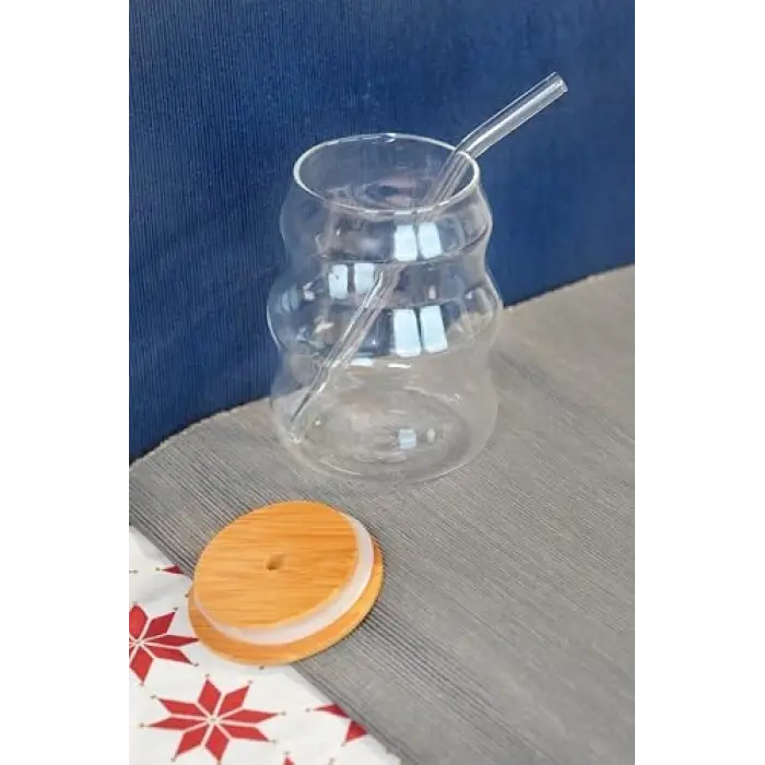 Bardak, Bambu Kapaklı Cam Pipetli 450 ml Borosilikat