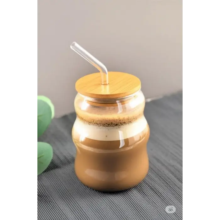Bardak, Bambu Kapaklı Cam Pipetli 450 ml Borosilikat
