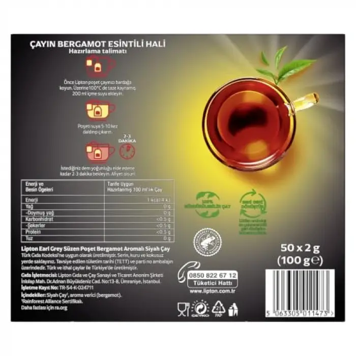 Bardak; Earl Grey Çay 50li, 100G