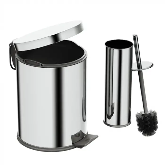 Basic Set - Klozet Fırçası + Çöp Kovası 5 L, 2 Parça, Parlak Krom Paslanmaz