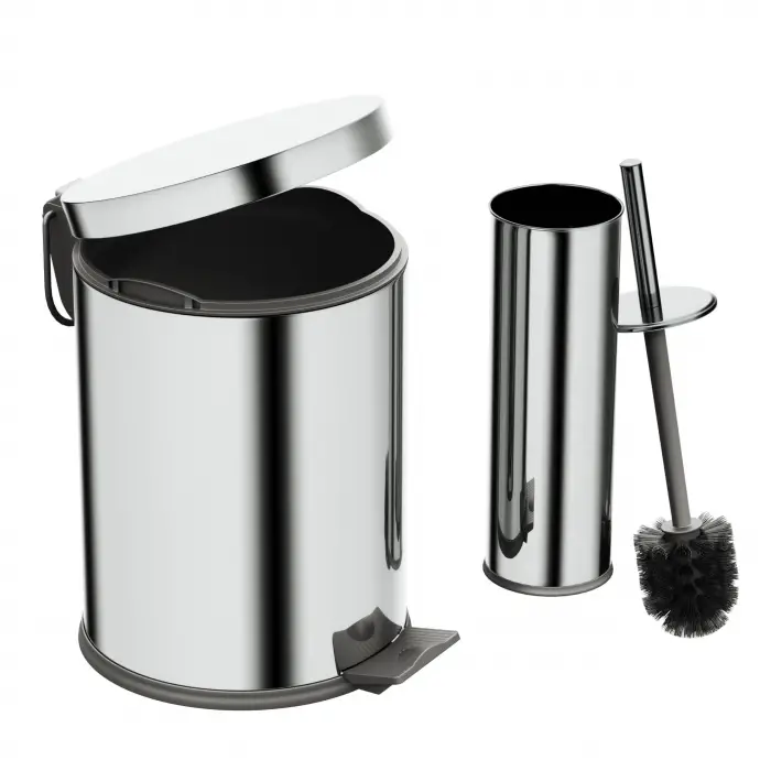 Basic Set - Klozet Fırçası + Çöp Kovası 5 L, 2 Parça, Parlak Krom Paslanmaz