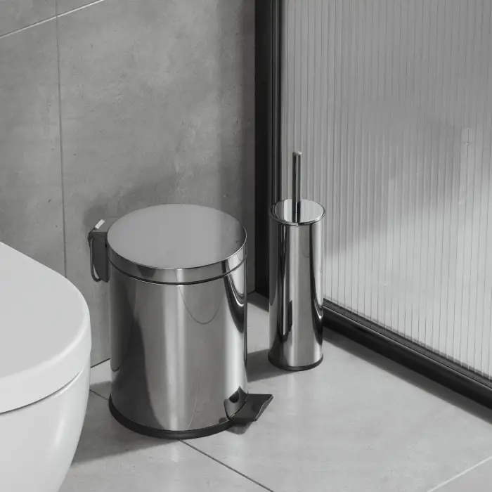 Basic Set - Klozet Fırçası + Çöp Kovası 5 L, 2 Parça, Parlak Krom Paslanmaz