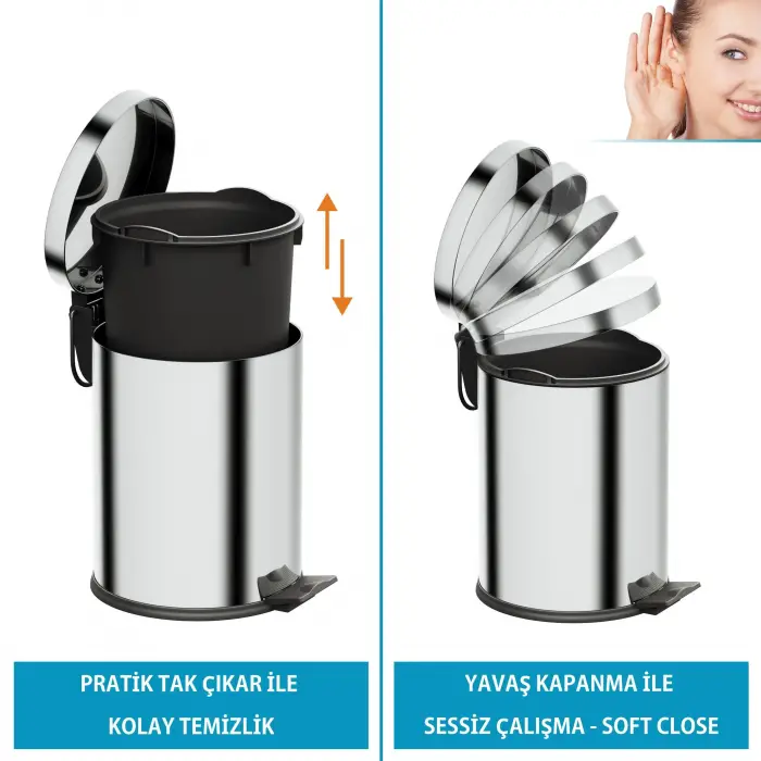 Basic Set - Klozet Fırçası + Çöp Kovası 5 L, 2 Parça, Parlak Krom Paslanmaz