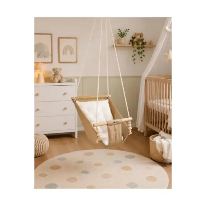 Bej Ahşap Bebek Hamak, %100 Pamuklu, Ev Tipi Tavan Salıncağı