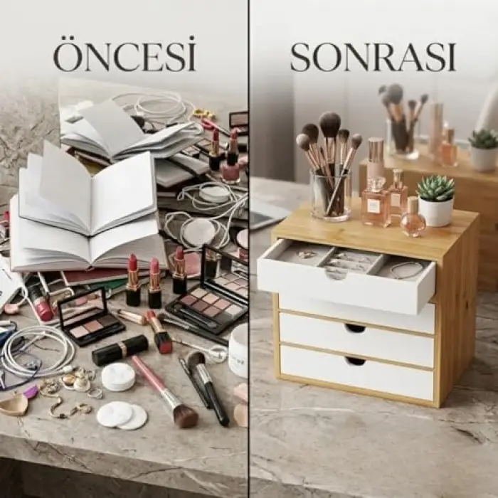 Beyaz Bambu Çerçeveli 4 Çekmeceli Masaüstü Organizer