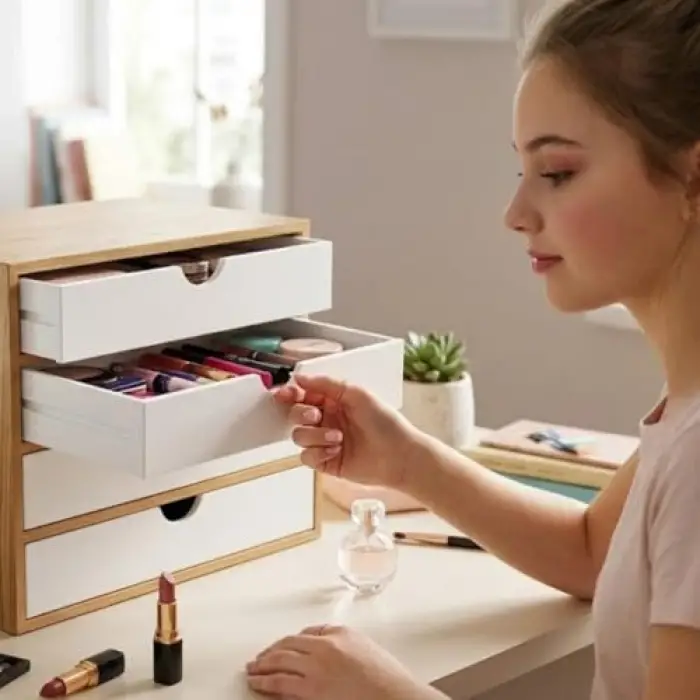 Beyaz Bambu Çerçeveli 4 Çekmeceli Masaüstü Organizer
