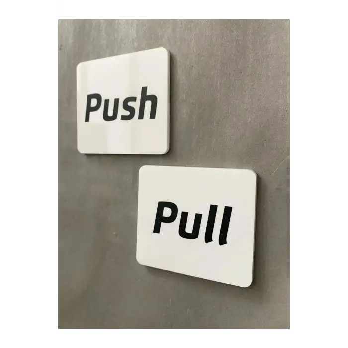 Beyaz Minimal Seri Push; Pull (İtiniz, Çekiniz) Kendinden Yapışkanlı Kapı Uyarı Levhası